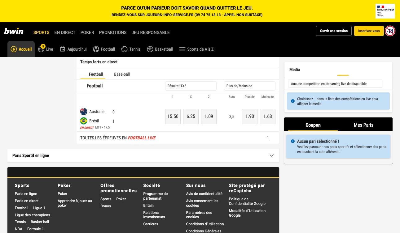 Aperçu de la plateforme 2. bwin — la marque historique, reine du football